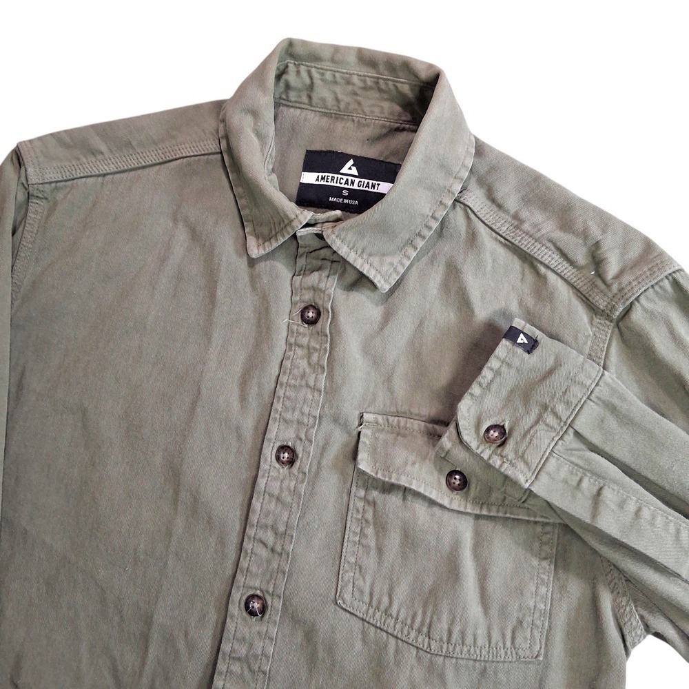 American Giant Mens Button Down Shirt S Olive Green Twill Utility Pocket